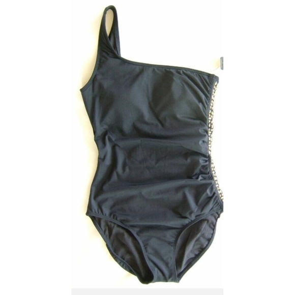 Laundry by Shelli Segal Black Gold One Shoulder Ruched Swim Suit Sze S - Picture 3 of 11